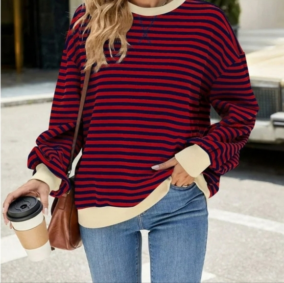 Women's Striped Oversized Crewneck Sweatshirt Size M Amazon Y2K Colorblock NWOT - Picture 2 of 13